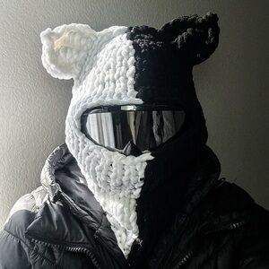 Black and White Knit Balaclava with Ears
